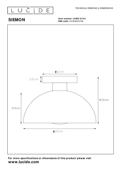 Lucide SIEMON - Lámpara de techo - Ø 25 cm - 1xE27 - Ocre - técnico